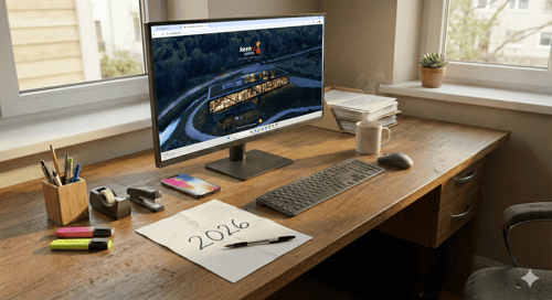 Bureau met computer en A4'tje waar '2026' op staat.