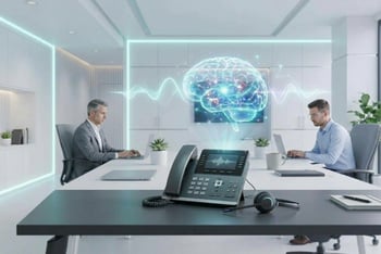 AI-gestuurde zakelijke telefonie in een moderne kantooromgeving met holografische visualisatie van kunstmatige intelligentie