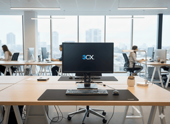 Beeldscherm waarop 3CX logo wordt afgebeeld. 