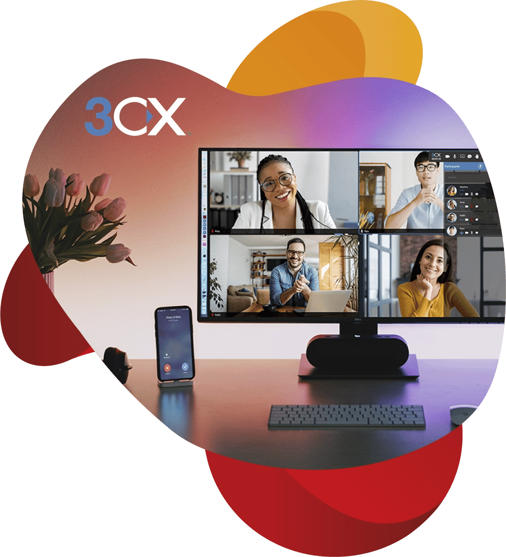 Setup bureau toont beeldscherm en mobiele telefoon met 3CX software.