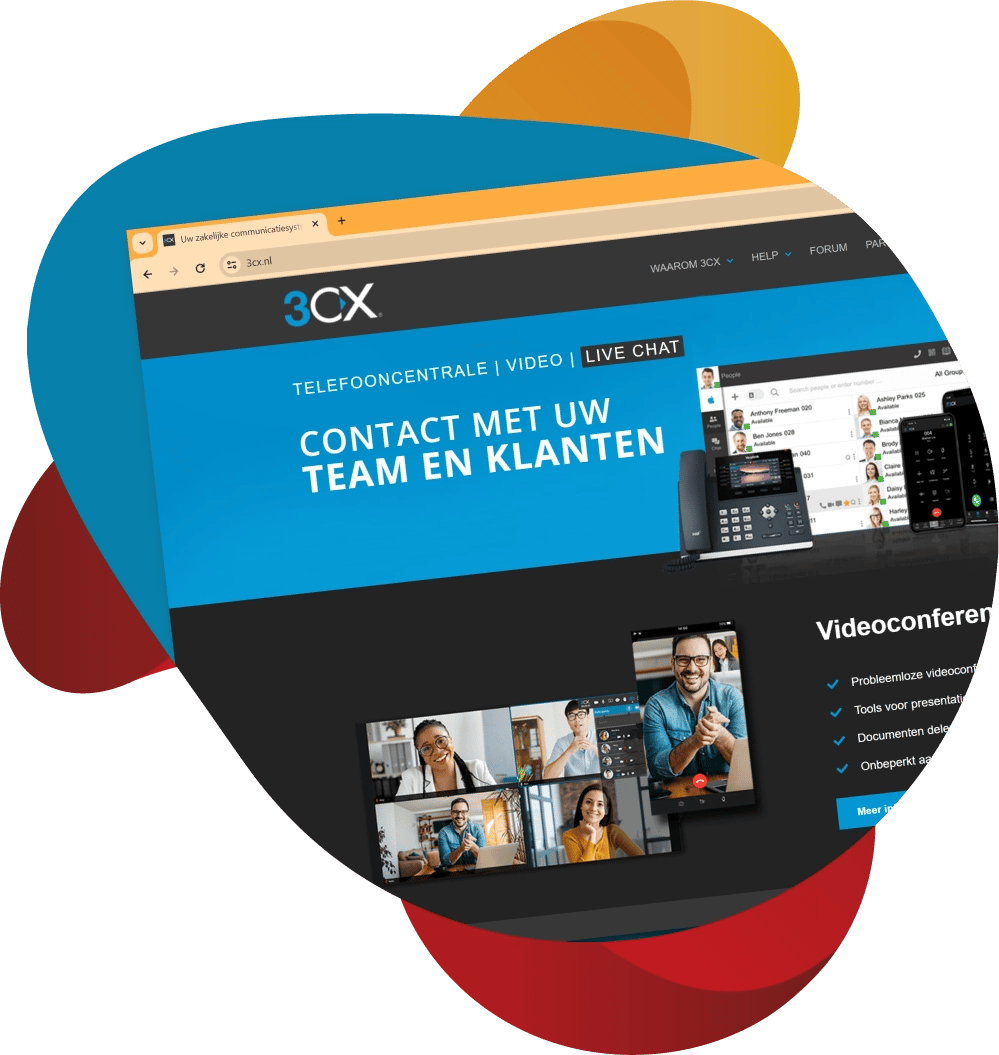 schuin shot van website 3CX met blauwe achtergrond.