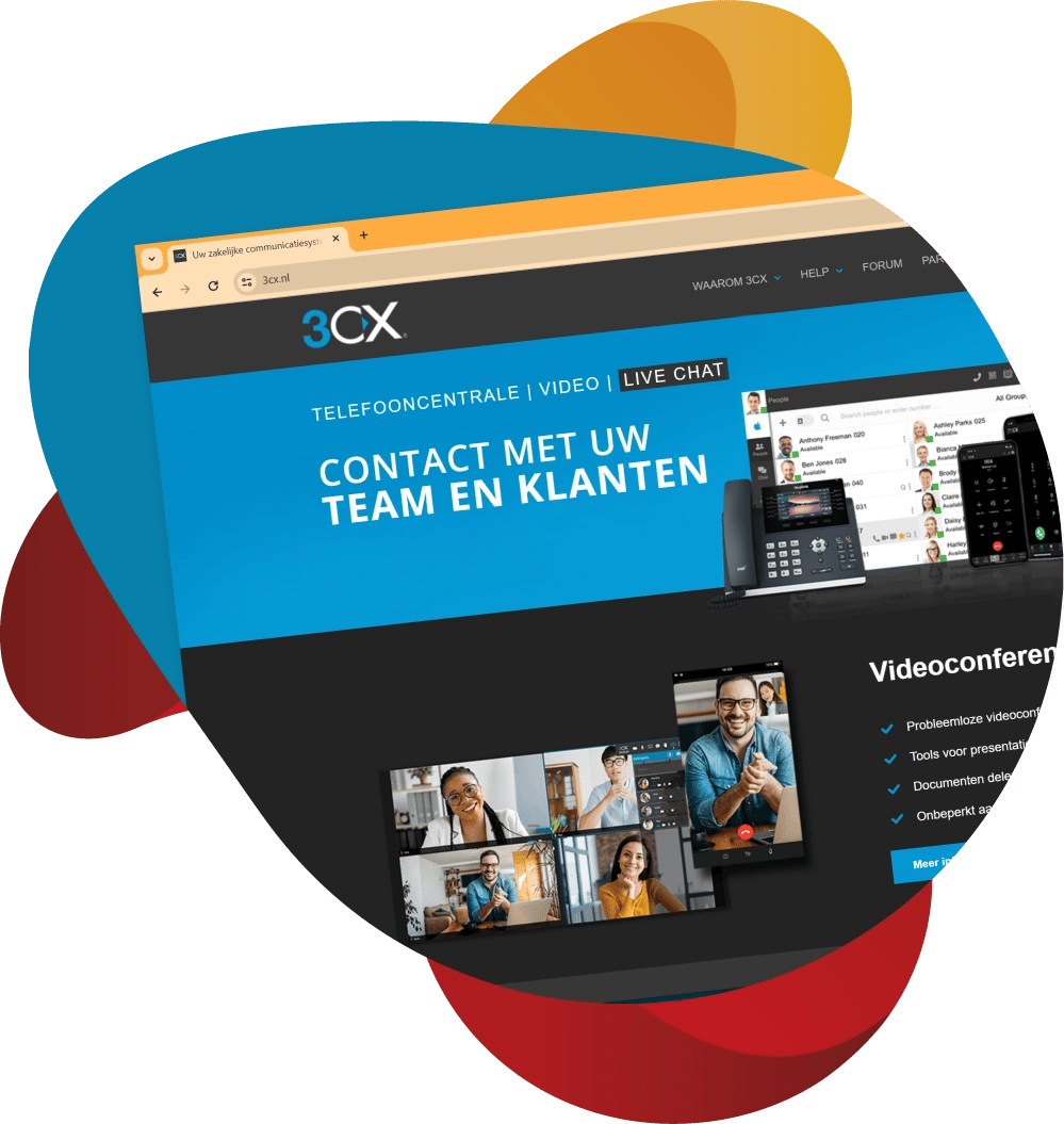 schuin shot van website 3CX met blauwe achtergrond.
